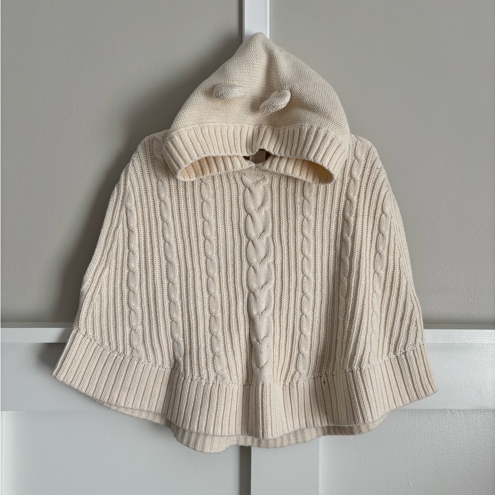 EUC LN Baby GAP Girls 3 Years Cream Cable Knit Hooded Poncho with Bear Ears